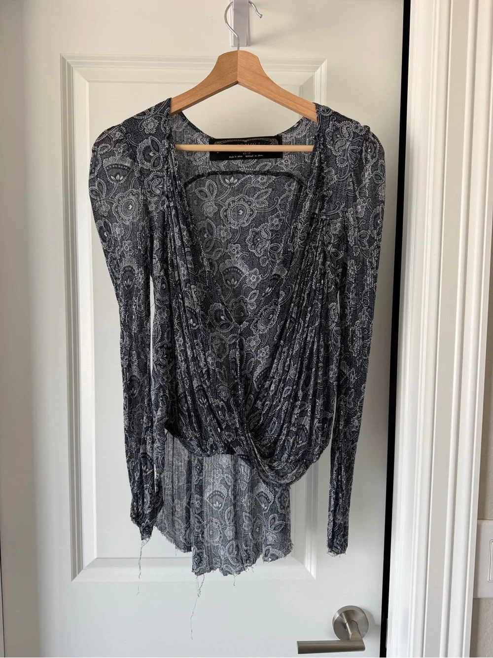 Free People Black Paisley Draped Wrap Blouse